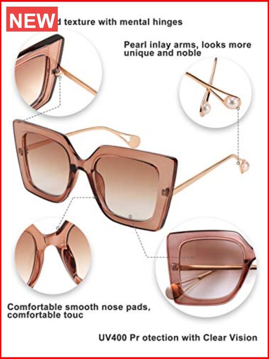 Oversized Square Cat Eye Sunglasses Pearl Inlay Arms UV400 Protection main image 6